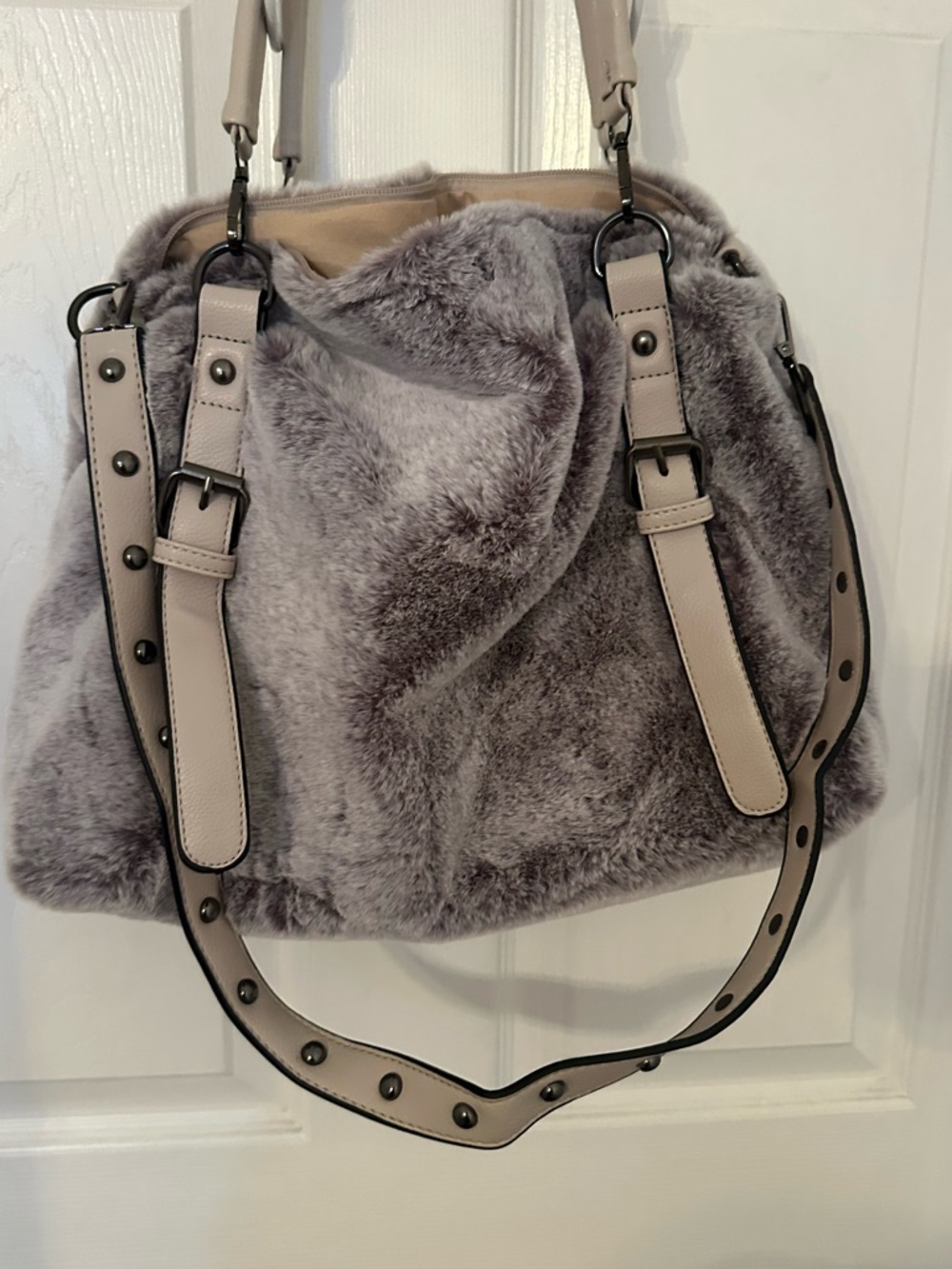 Plush Faux-Fur Tote Bag in Light Gray with Studded Straps